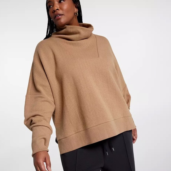 Calia Womens Elevate Herringbone Funnel Neck Pullover  Sweatshirt in Tan S or M - Picture 1 of 13
